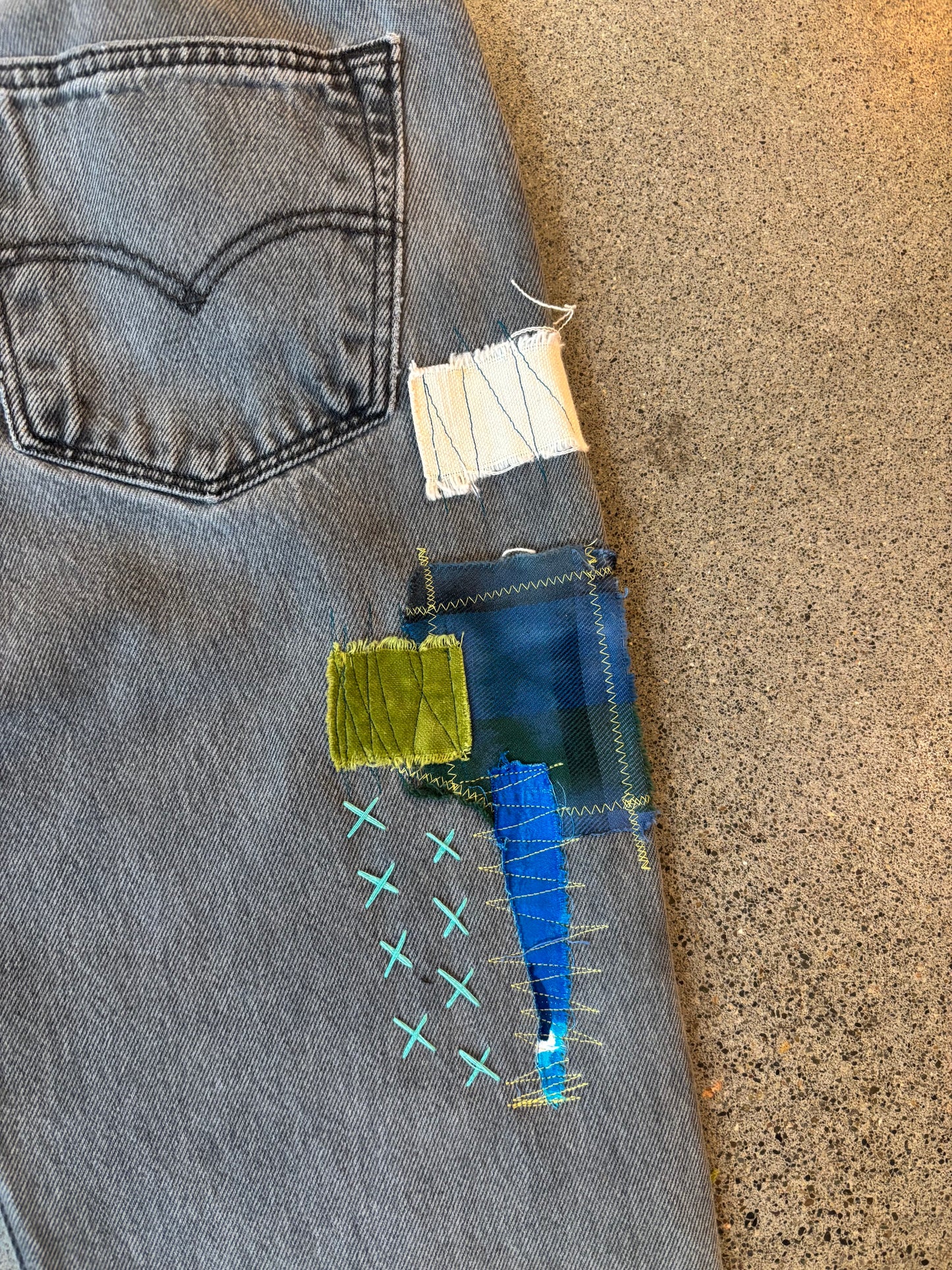 Origami Crane - Grey Wash Levi 501s w/ Patches in Aqua