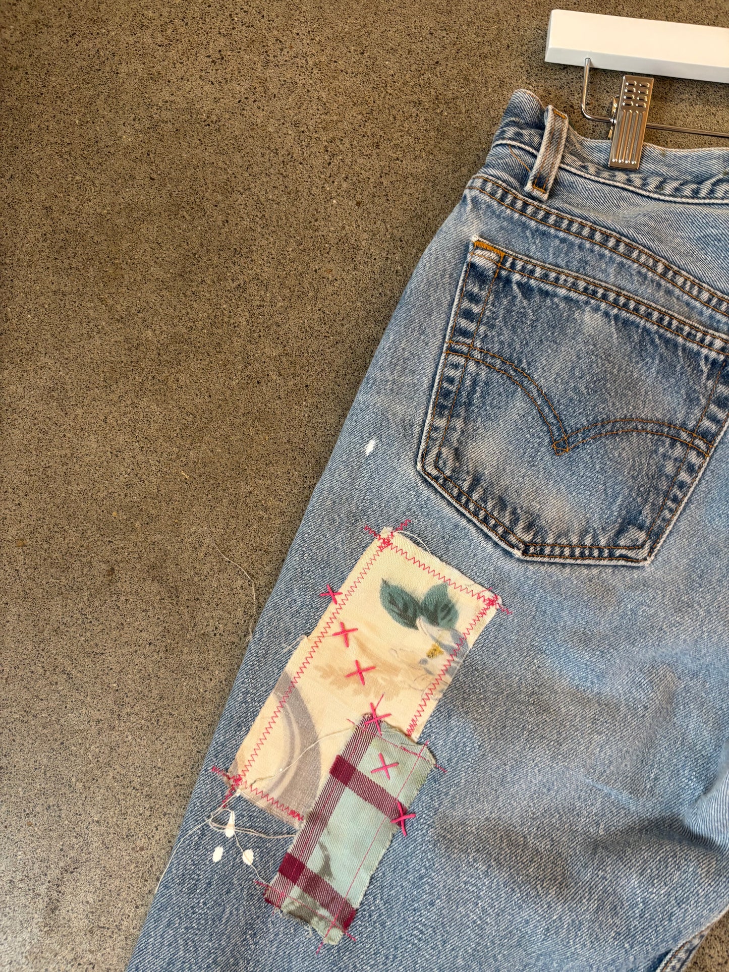 Origami Crane - Patched Levi 501s in Pink and Green