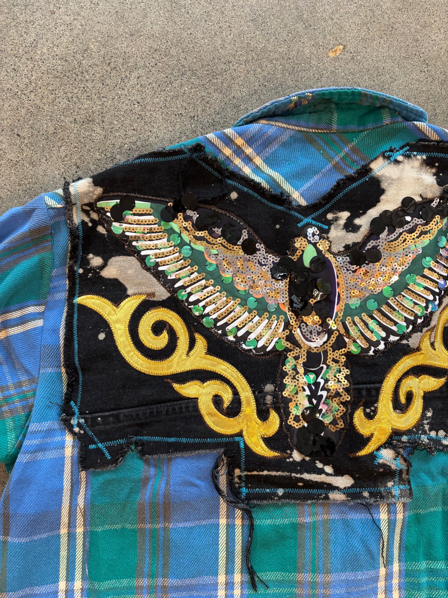 Origami Crane - Blue & Green Long Heavy Flannel with Bird