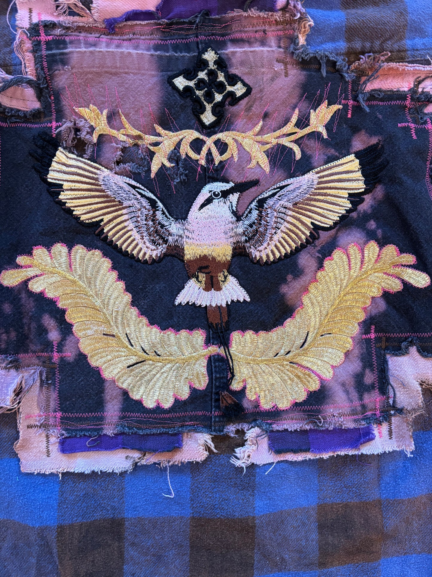 Origami Crane - Blue Heavy Flannel with Pink Bling