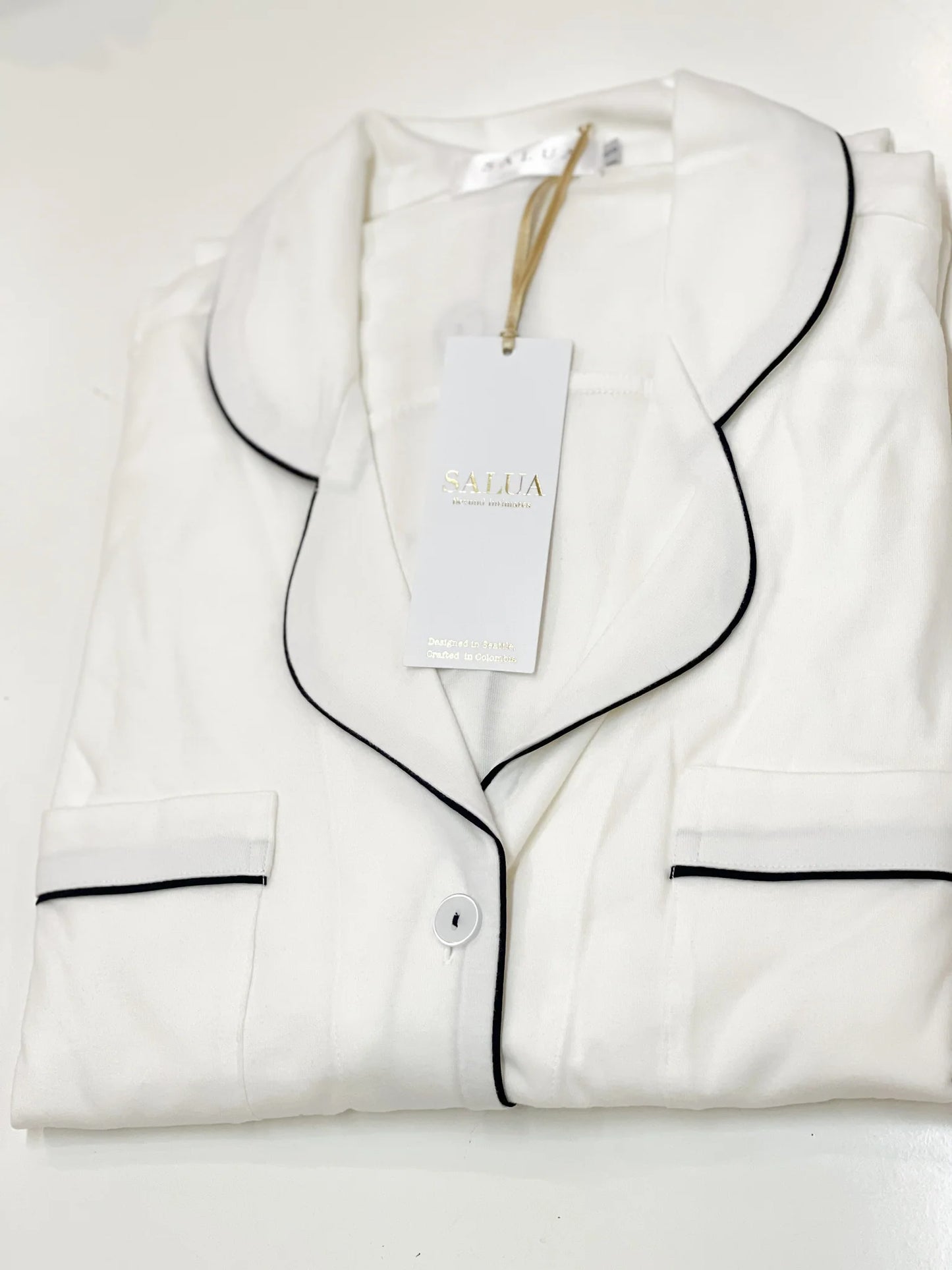 Salua - Sleep Shirt in Brushed Pima Cotton in White w/Navy Details