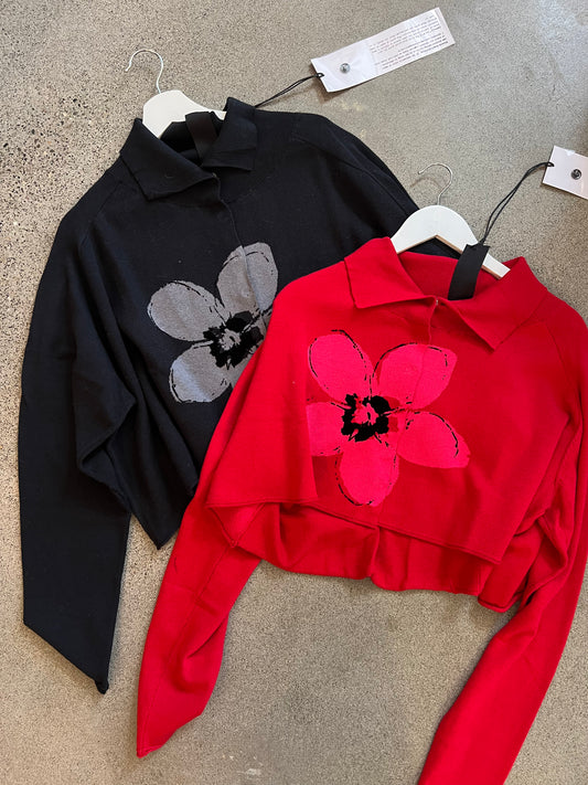 Rundholz Black Label - Collared Crop Flower Sweater in Red or Black