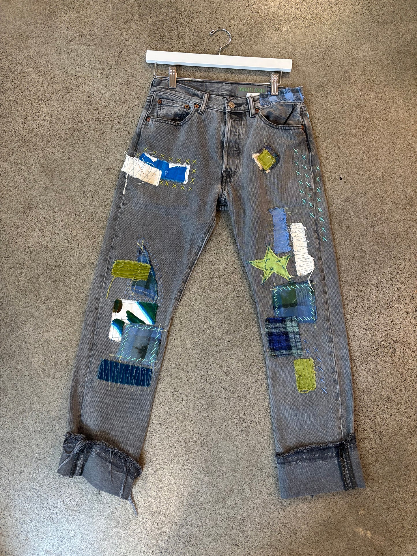 Origami Crane - Grey Wash Levi 501s w/ Patches in Aqua