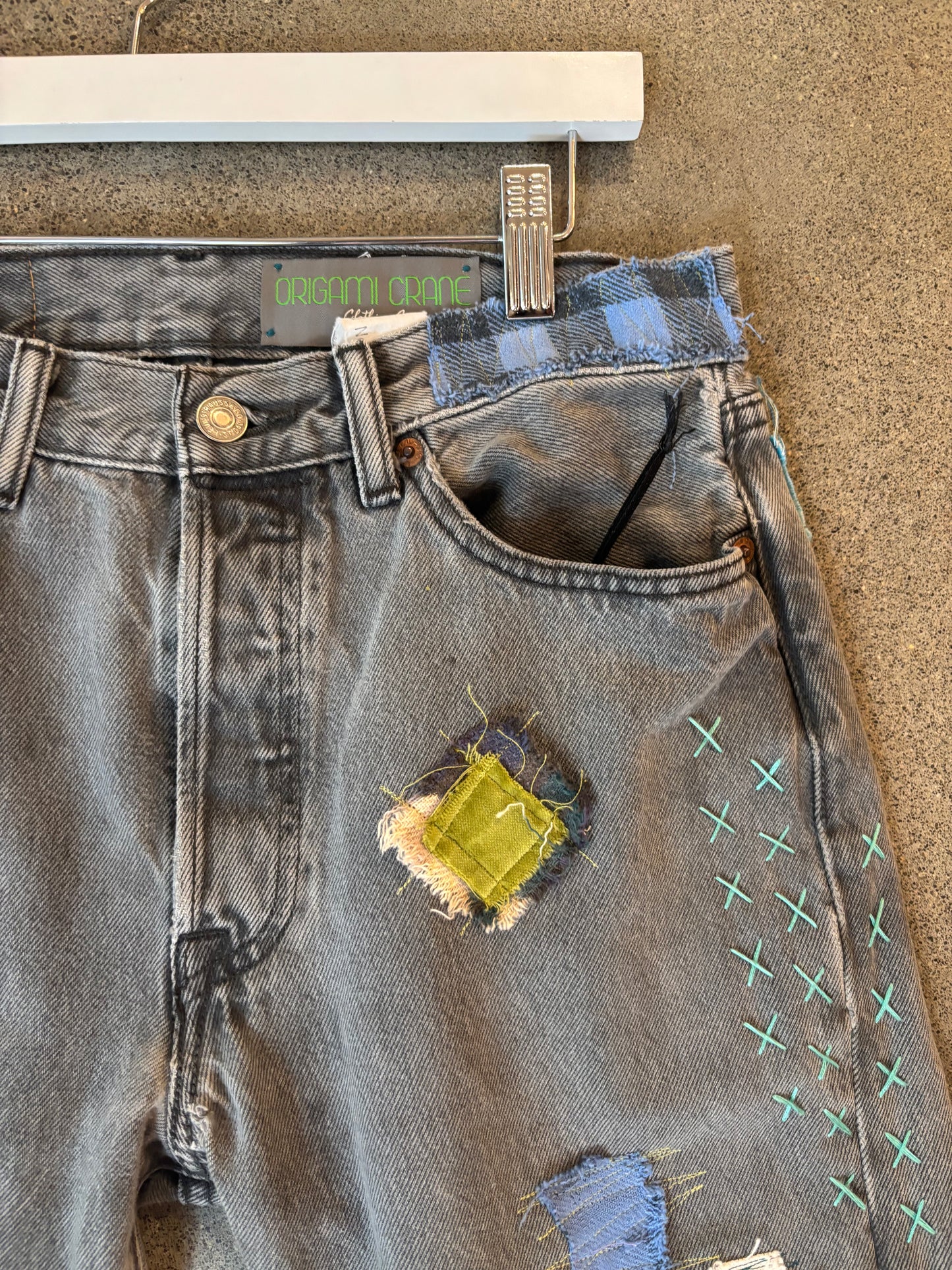 Origami Crane - Grey Wash Levi 501s w/ Patches in Aqua