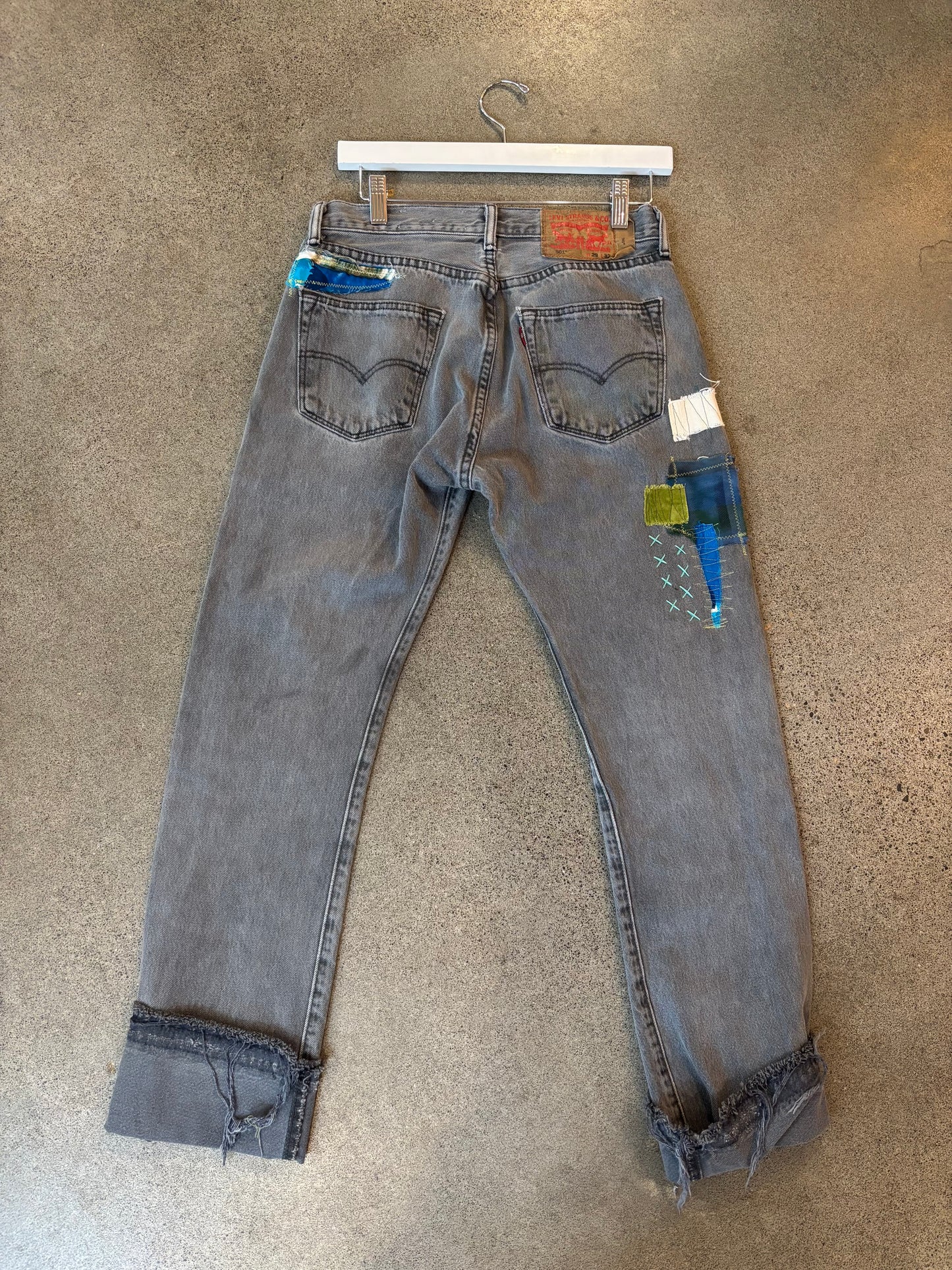 Origami Crane - Grey Wash Levi 501s w/ Patches in Aqua