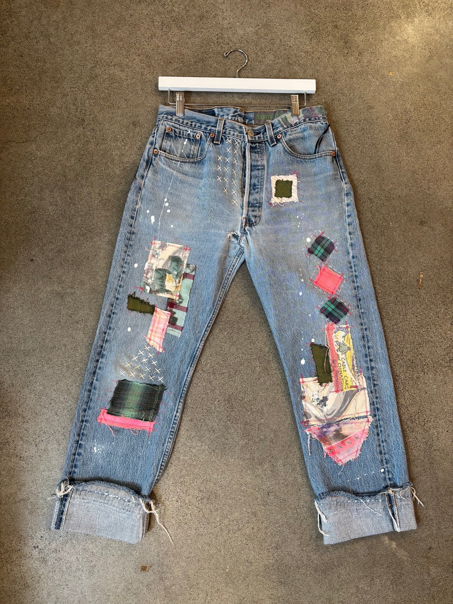 Origami Crane - Patched Levi 501s in Pink and Green