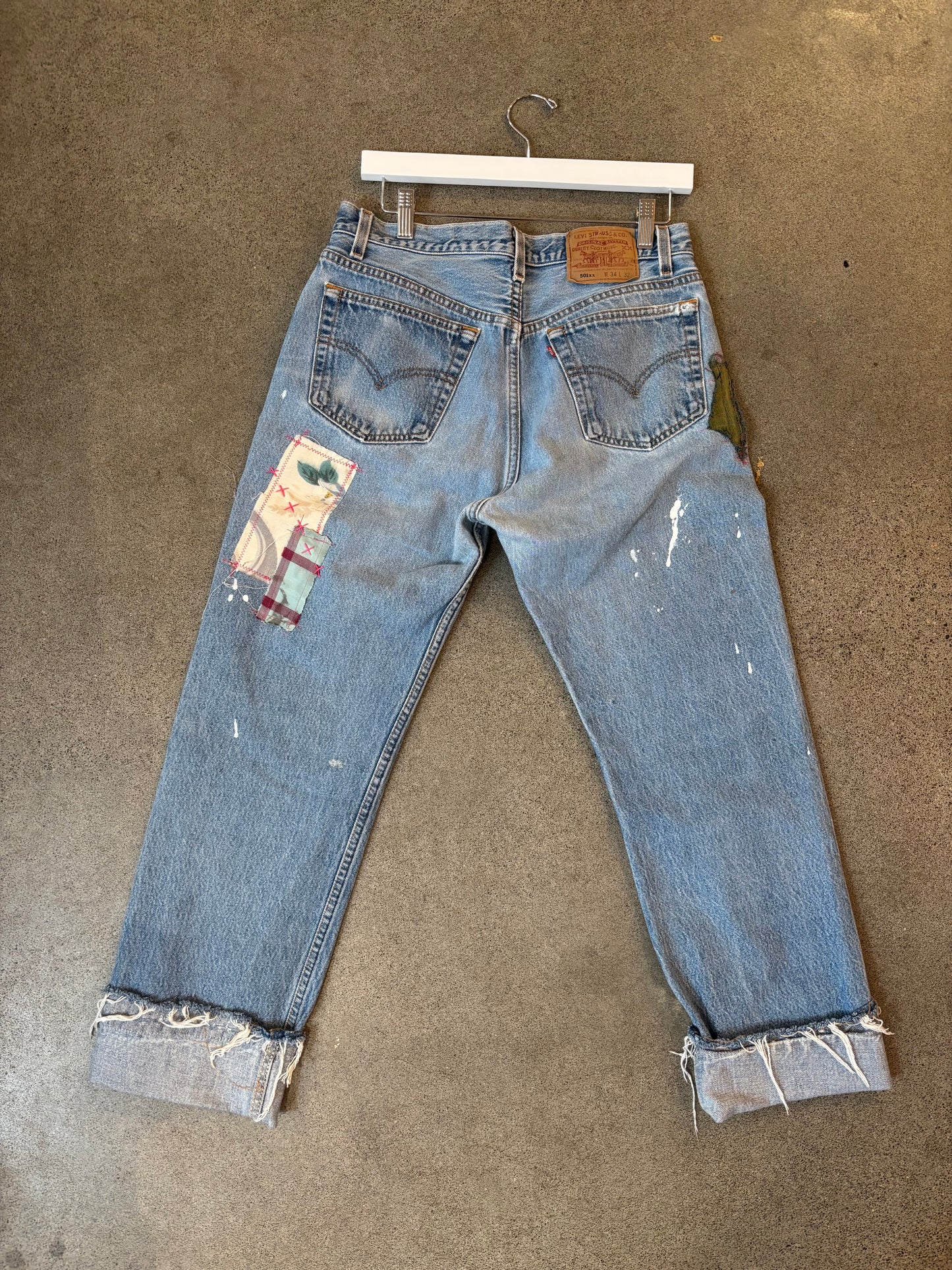 Origami Crane - Patched Levi 501s in Pink and Green