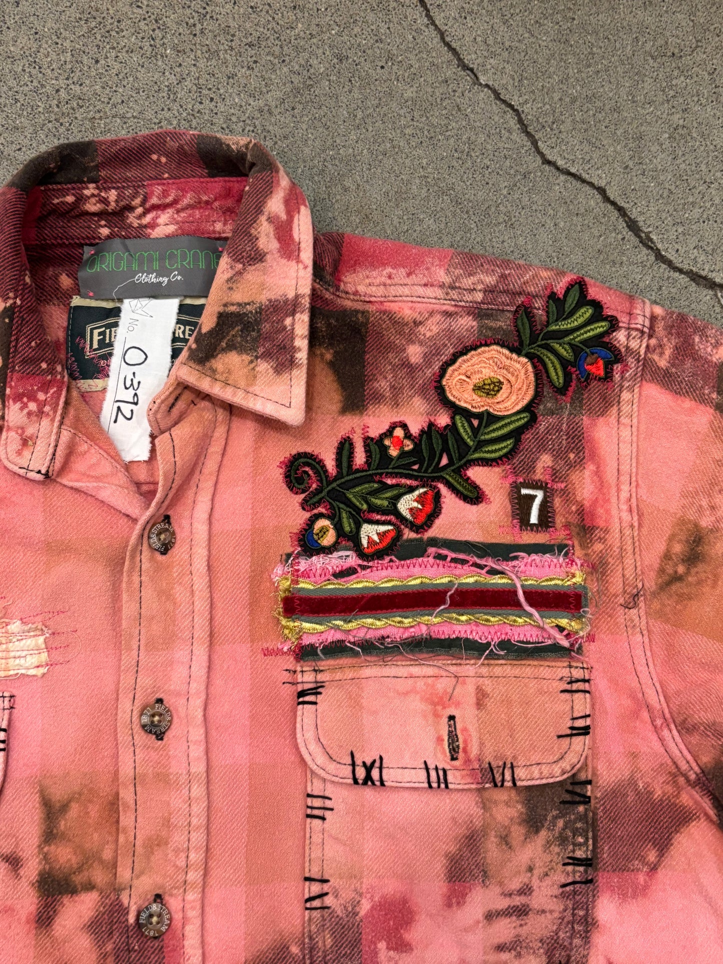 Origami Crane - Long Overdyed Pink Flannel w/ Flower Patch