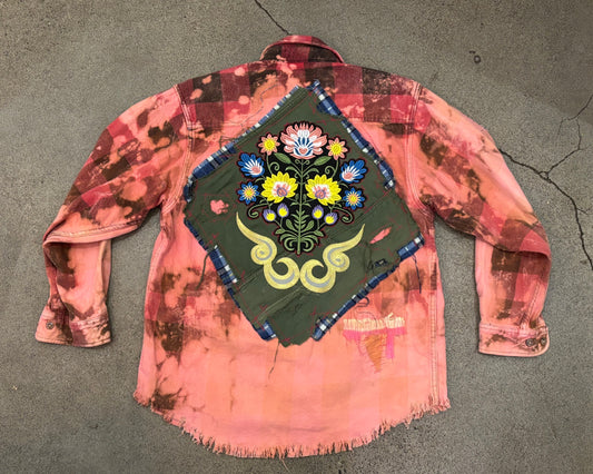 Origami Crane - Long Overdyed Pink Flannel w/ Flower Patch