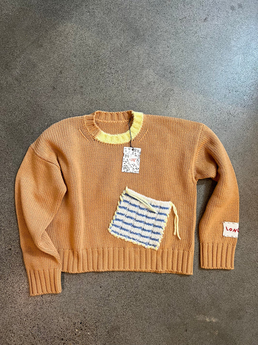 Longo - Cropped Camel Striped Patch Sweater