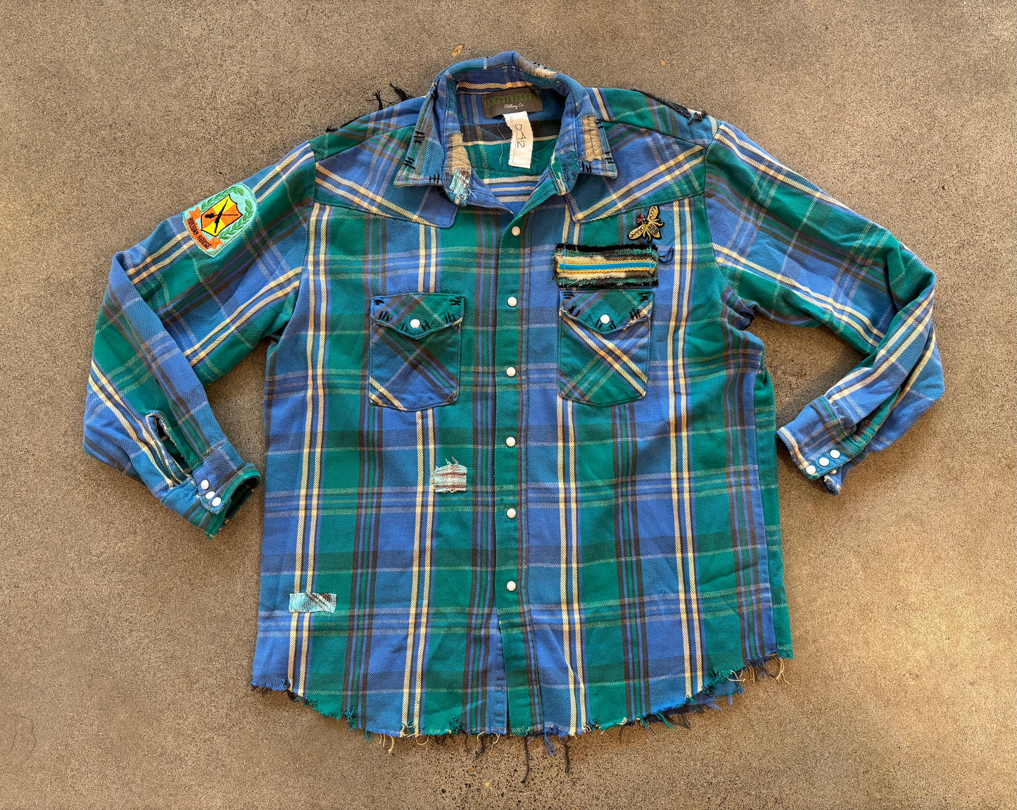 Origami Crane - Blue & Green Long Heavy Flannel with Bird