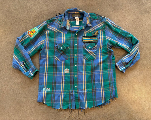 Origami Crane - Blue & Green Long Heavy Flannel with Bird