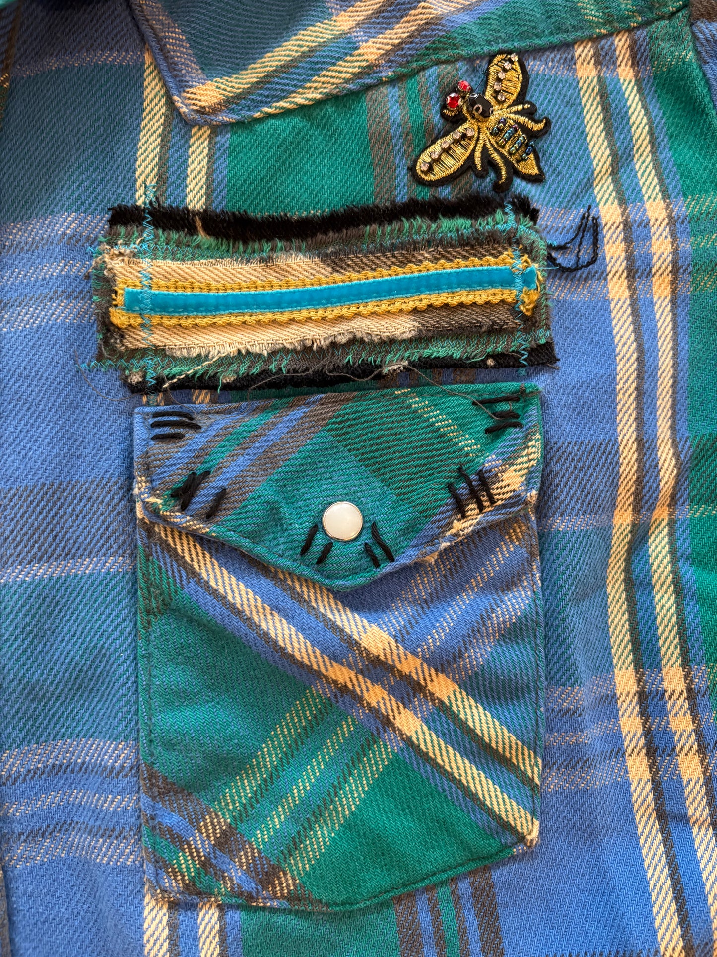 Origami Crane - Blue & Green Long Heavy Flannel with Bird