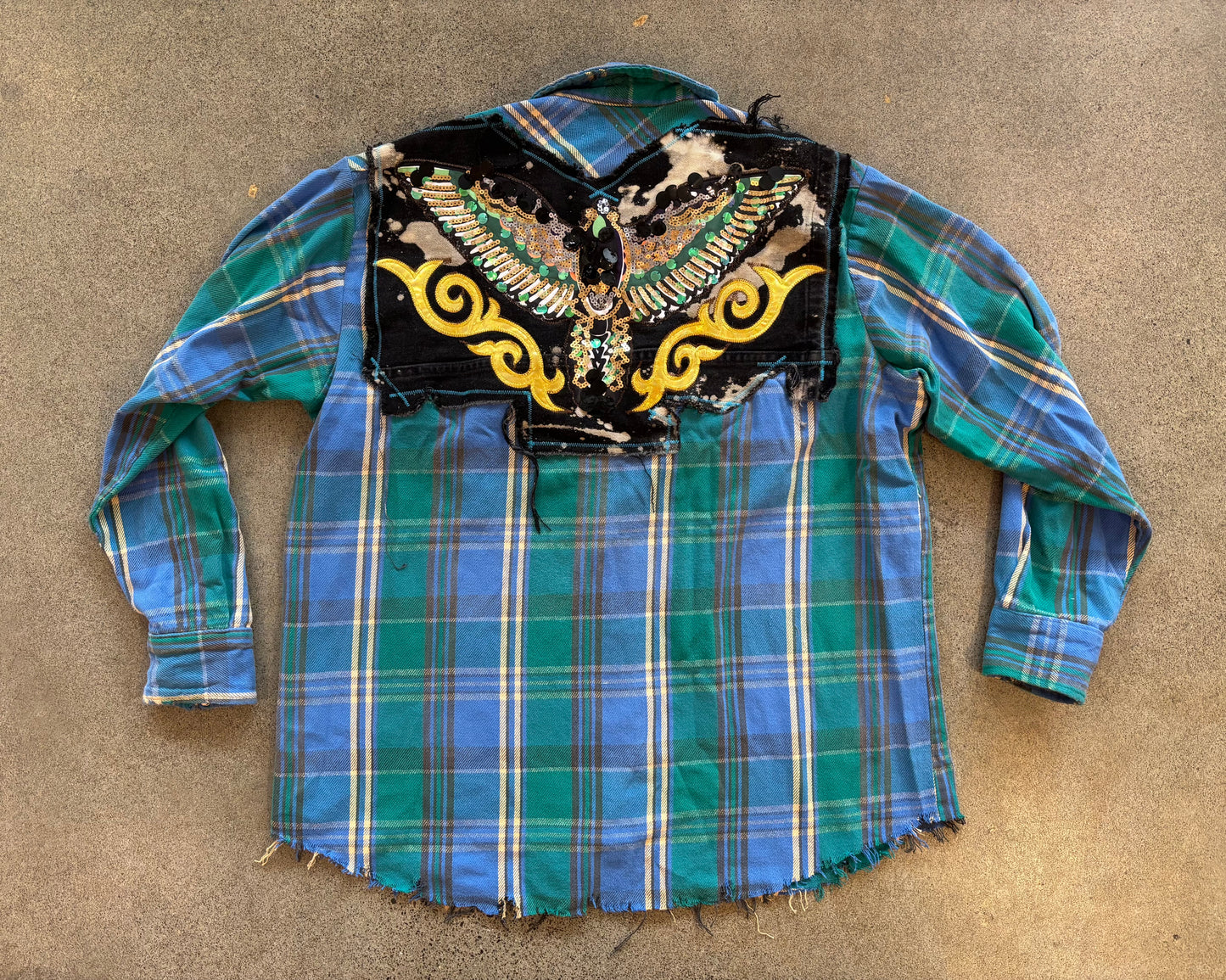 Origami Crane - Blue & Green Long Heavy Flannel with Bird