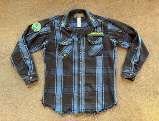 Origami Crane - Blue & Black Heavy Long Flannel with Cat