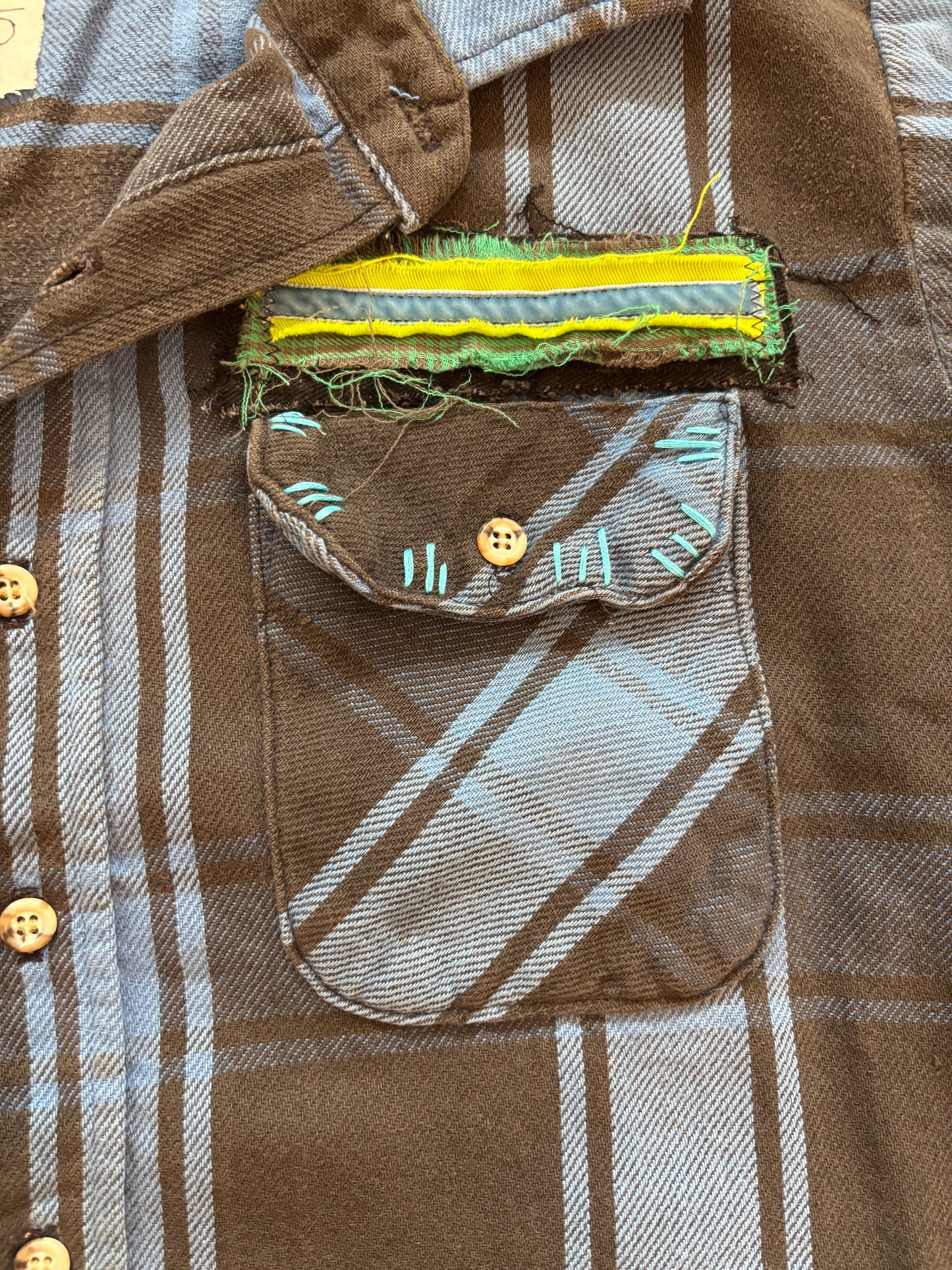 Origami Crane - Blue & Black Heavy Long Flannel with Cat