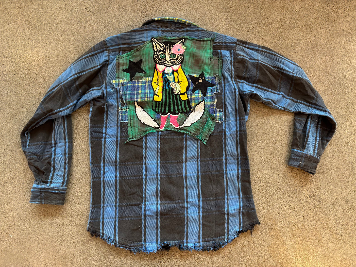 Origami Crane - Blue & Black Heavy Long Flannel with Cat