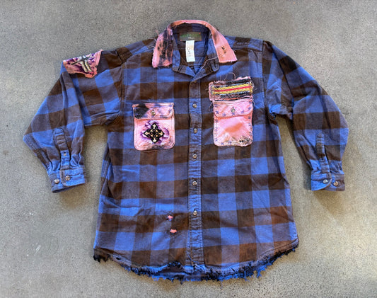 Origami Crane - Blue Heavy Flannel with Pink Bling