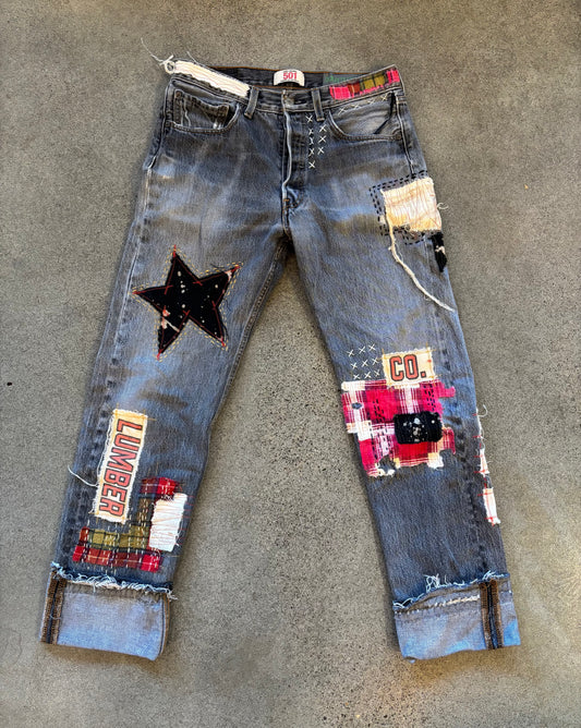 Origami Crane - Dark Grey Lumber Patched 501's