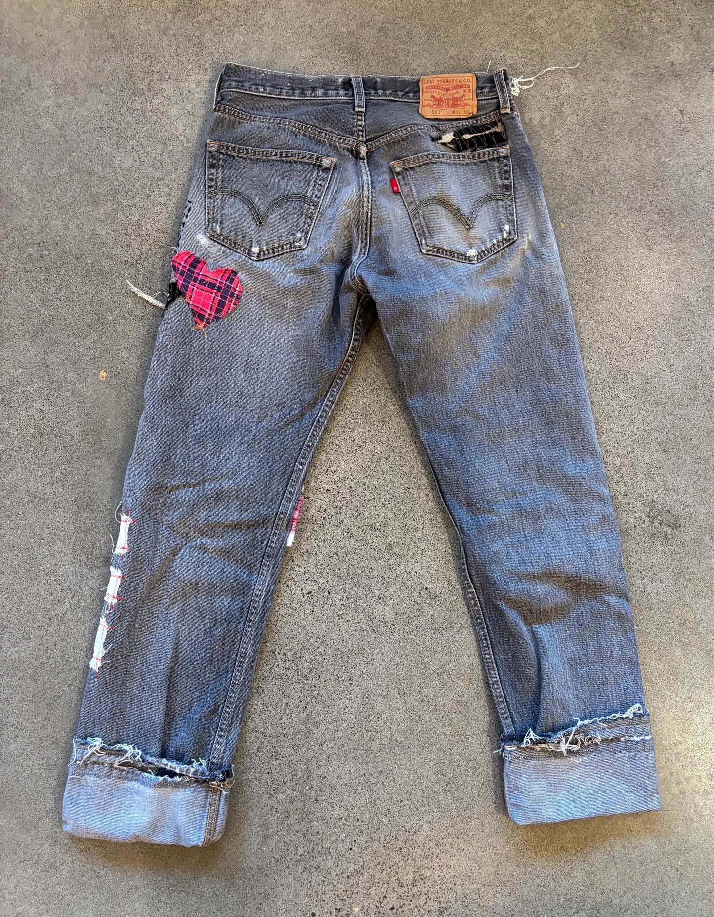 Origami Crane - Dark Grey Lumber Patched 501's