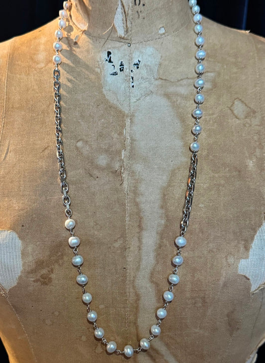 Shannon Koszyk - White Freshwater Pearl & Chain Necklace 32"