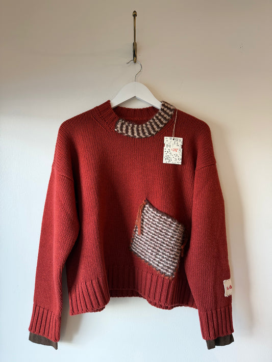 Longo - Patch Pocket Crew in Brick & Brown Color Combo