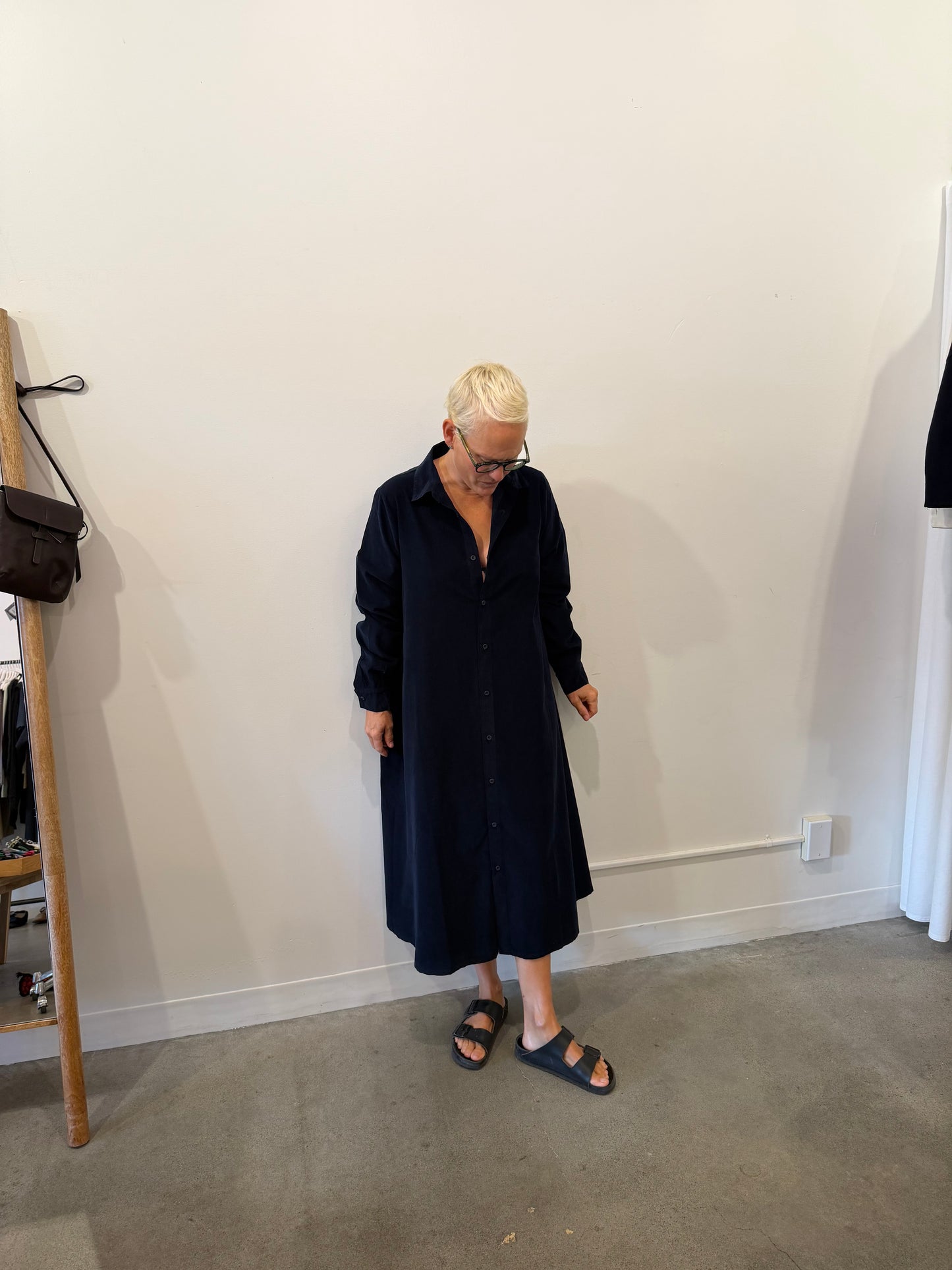 Labo Art- Aneto Button Dress in Navy Blue Micro Corduroy