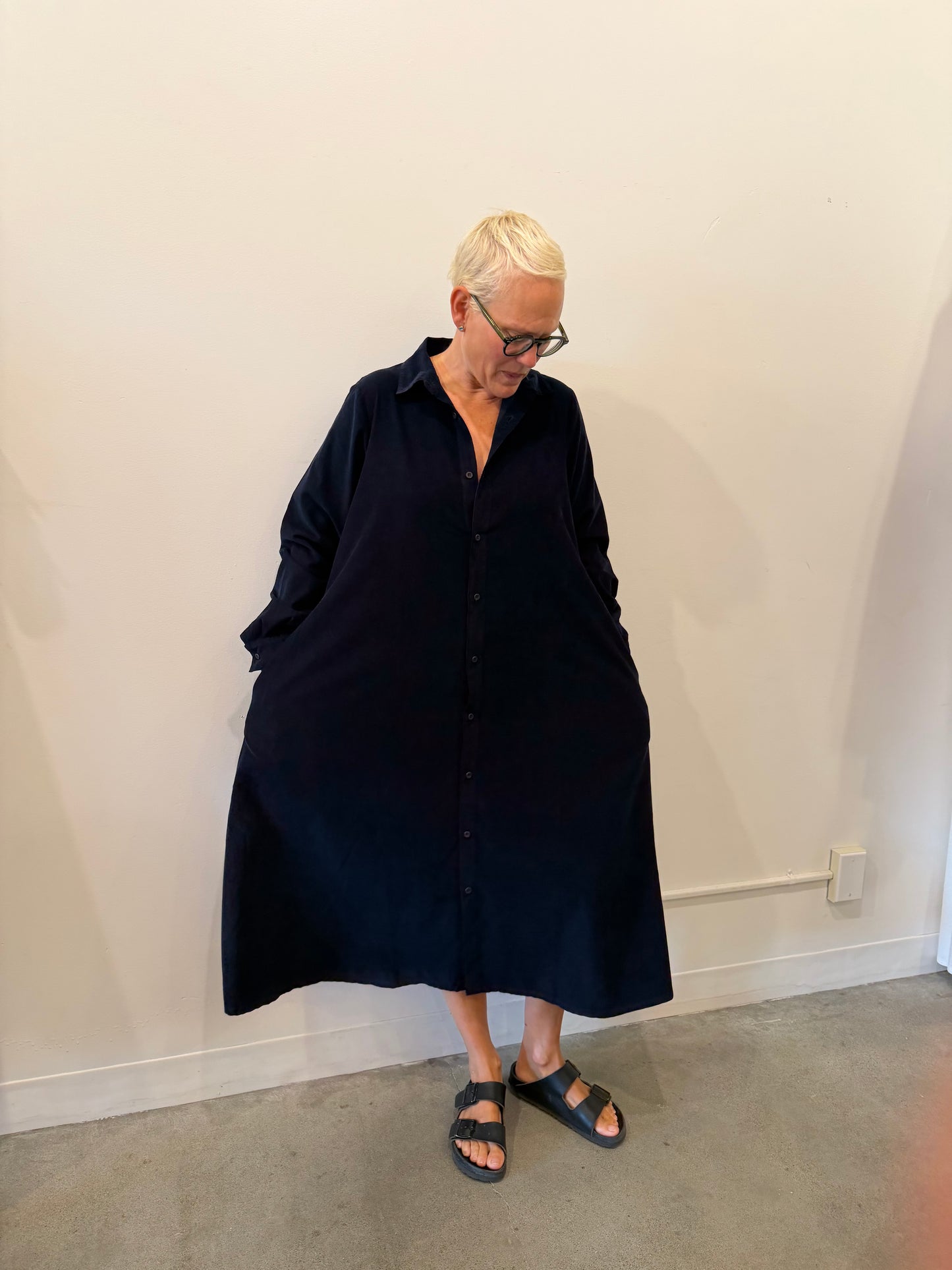 Labo Art- Aneto Button Dress in Navy Blue Micro Corduroy