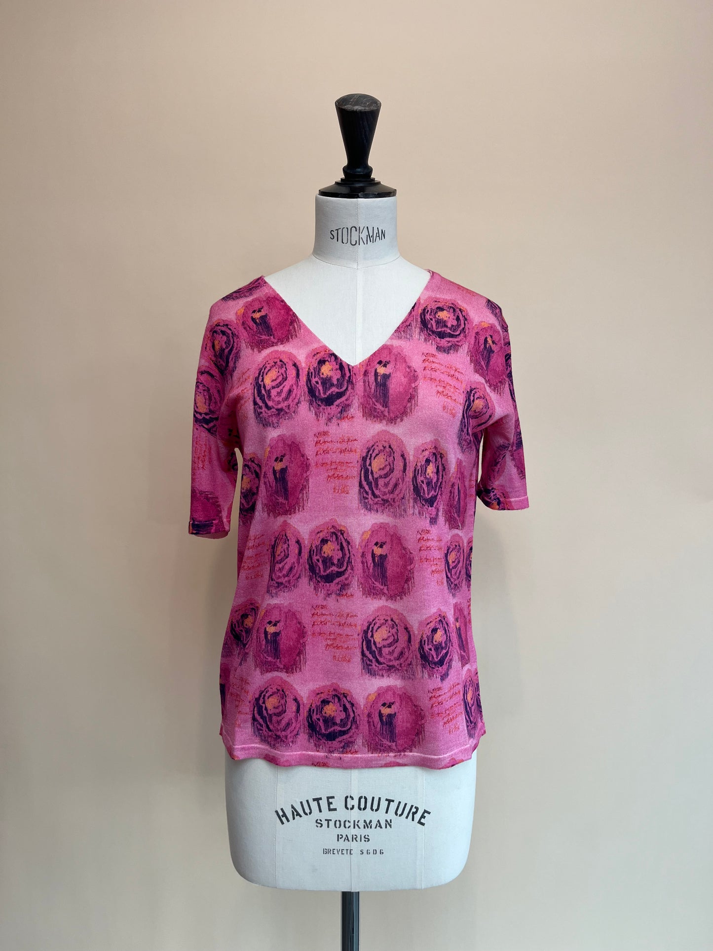 Printed Artworks - Knit V-neck Cashsilk Rose T-shirt(XS/S)