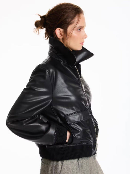 Lis Lareida - Hanya Aviator Jacket  In Black Faux Leather