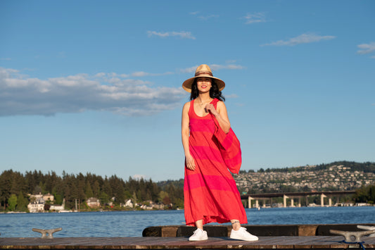 Gilda Midani - Long Trapeze Dress in Fuchsia and Red Stripes