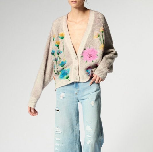 Avant Toi - Brushed Cotton Cardigan with Needle Punch Flowers