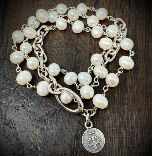 White Fresh-Water Pearl Chain Wrap Bracelet/ Necklace